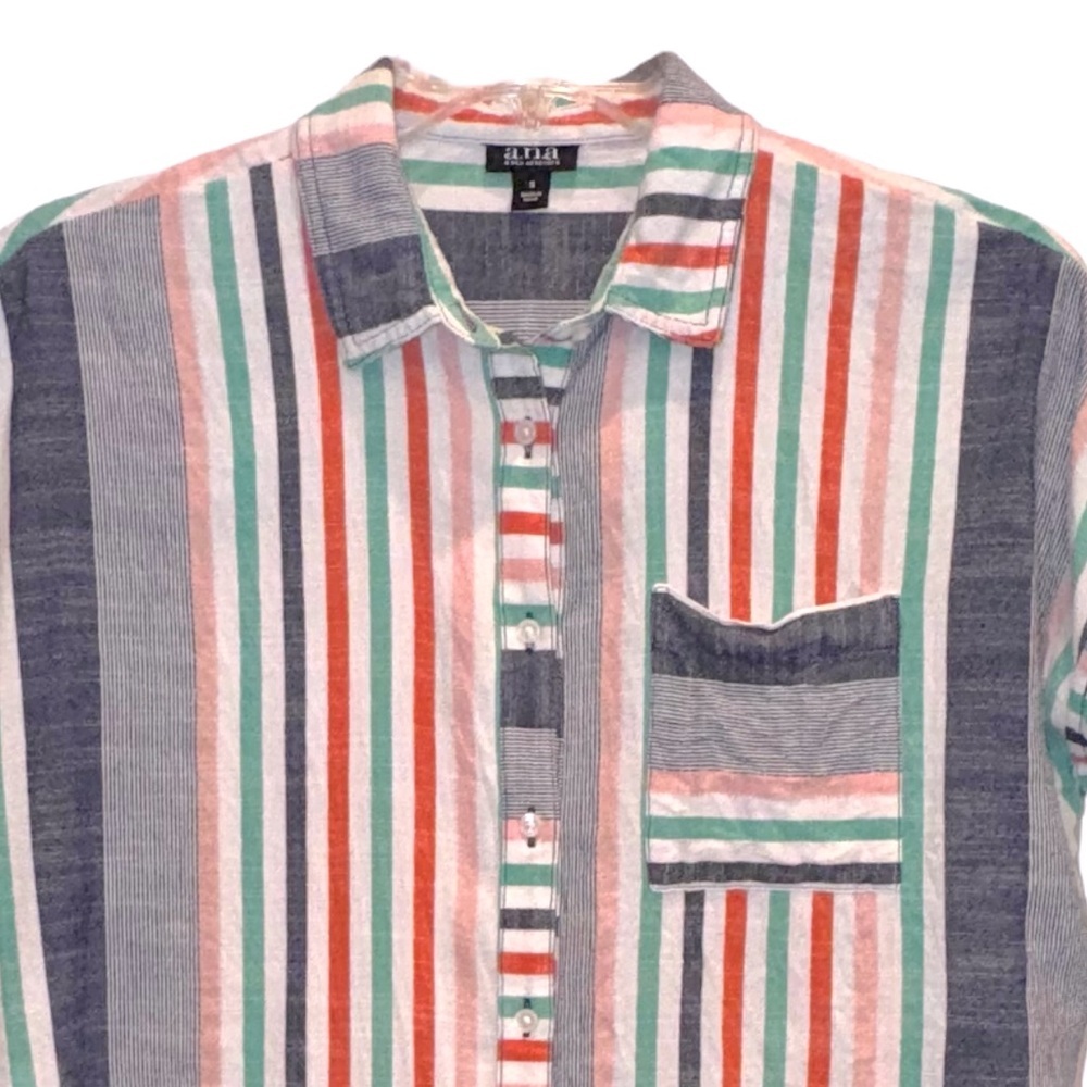 a.n.a A NEW APPROACH Sz S Striped Button Front Short Sleeve Cotton/Rayon Shirt - Picture 3 of 10